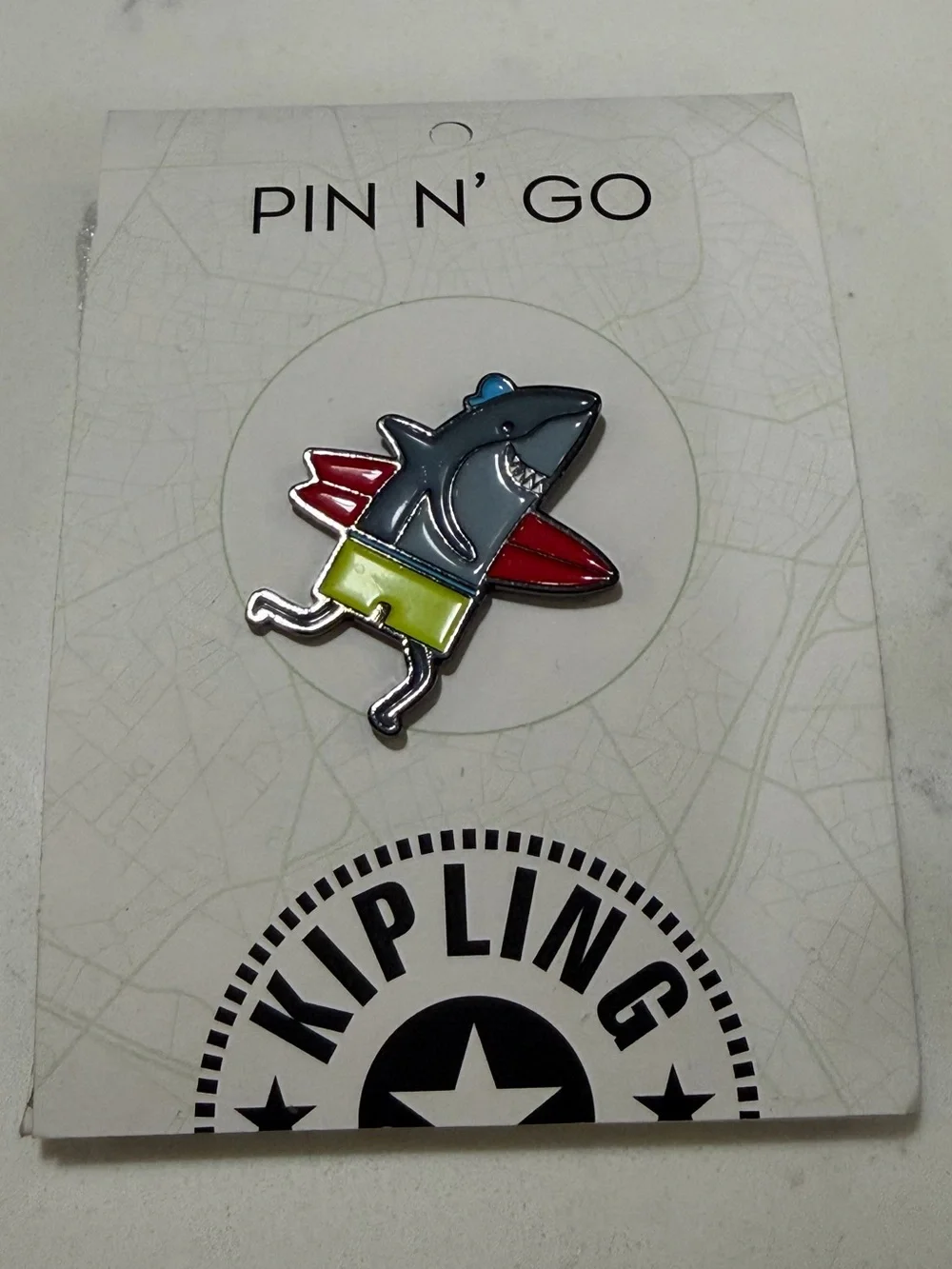 Kipling Shark Enamel Pin — Blue, Red, White